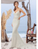 V Neck Ivory Lace Cross Back Wedding Dress With Beaded Belt